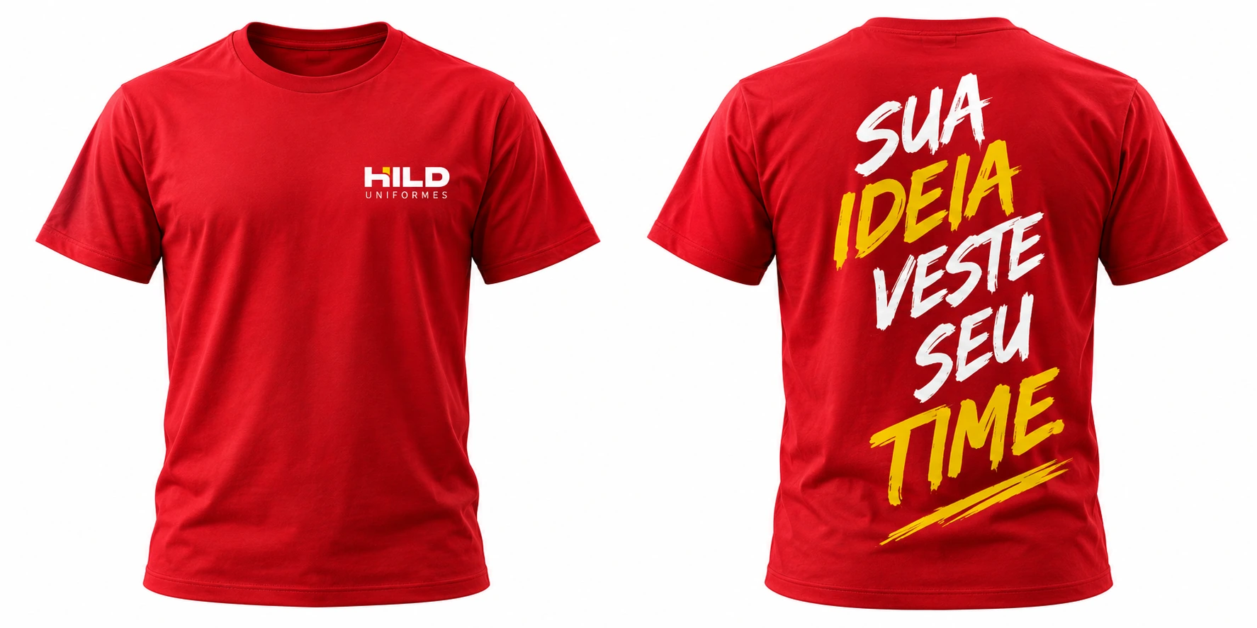 Mockup ilustrativo: Camiseta Básica adulta vermelha. Frente: logo pequena no peito. Costas: arte grande nas costas.