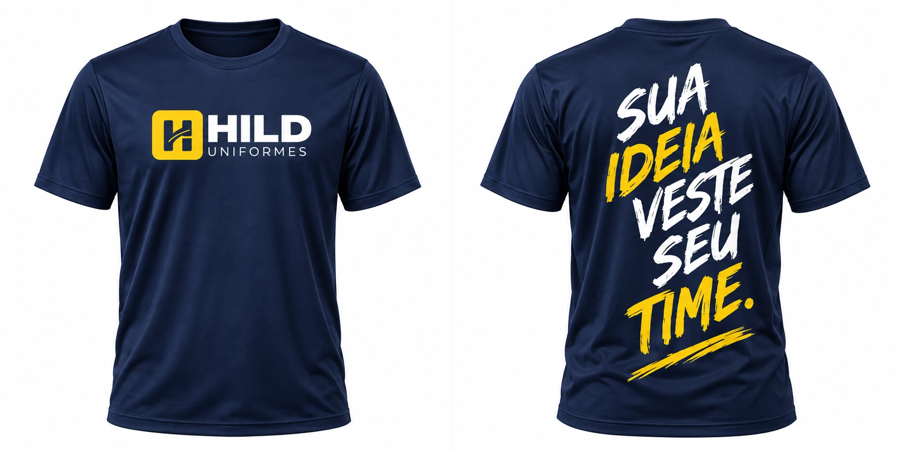Mockup ilustrativo: Camiseta Dryfit azul-marinho. Frente: logo no peito. Costas: arte grande nas costas.