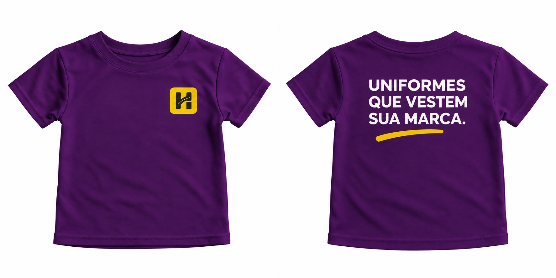Mockup ilustrativo: Camiseta Básica infantil roxa. Frente: ícone hild no peito. Costas: slogan nas costas.